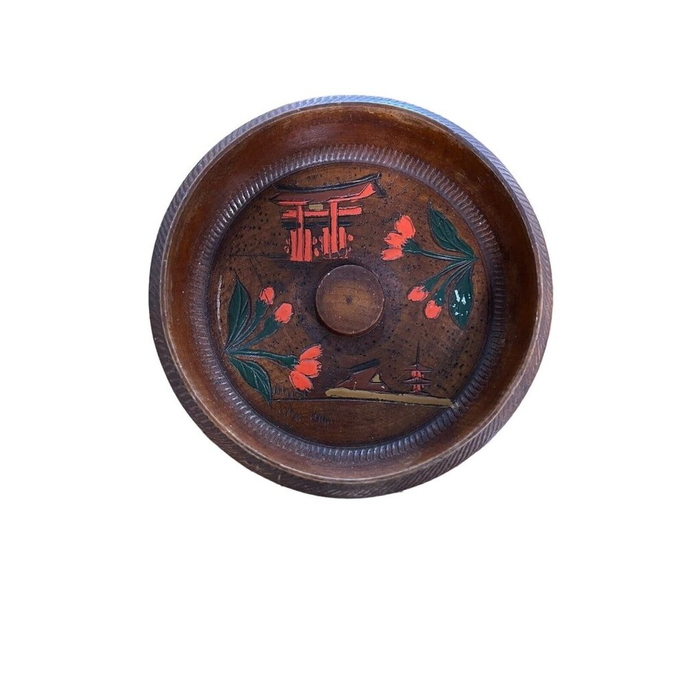 Wood Wooden Bowl Japan Made Vintage Brown Small 7”‎ Floral